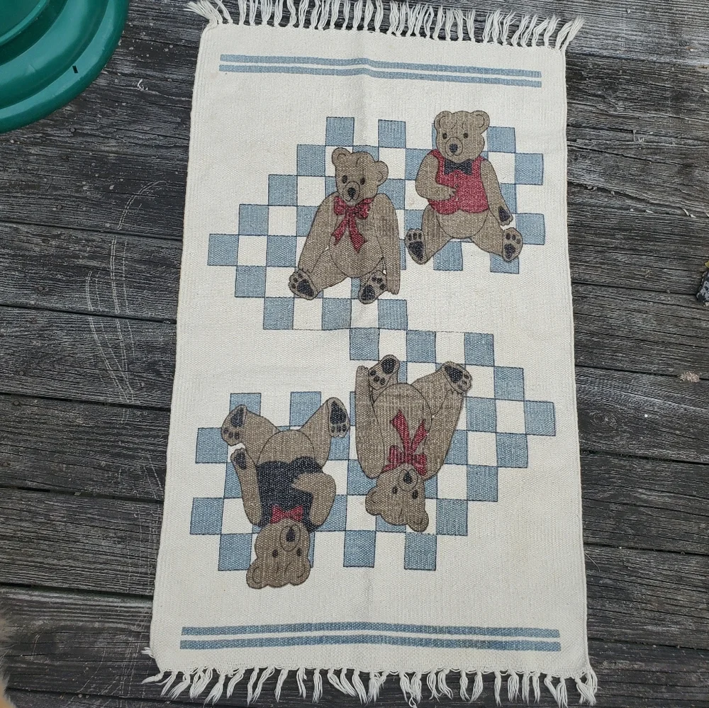 Teddy Bears On Check Woven Area Rug Or Wall Hanging W/ Fringe Ivory Blue Brown